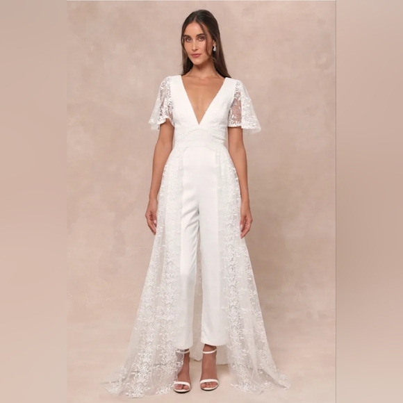 Lulus Pants - XL NWT White Jumpsuit Wedding Immaculate Love White Mesh Embroidered Cape Lulus